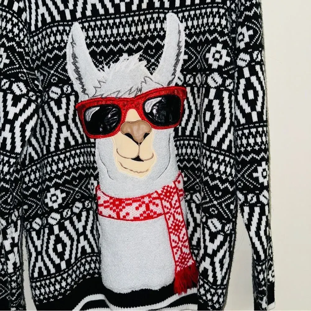 Holiday Time Llama Sunglasses Ugly Christmas Sweater Fair Isle Black White L